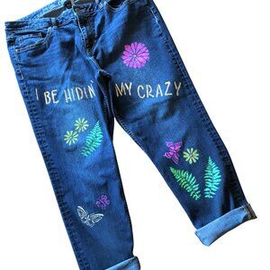 Upcycled Painted Capris, Cropped Jeans, I Be Hidin’ My Crazy, Size 14
